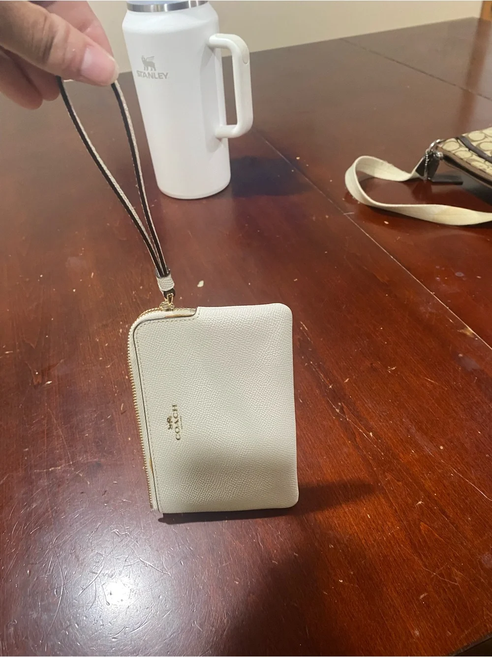 Coach White Pebbled Leather Wristlet with Gold Hardware